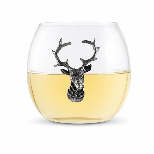 Crafted from premium crystal glass with a silver-tone elk emblem, this stemless wine glass blends luxury with lodge-inspired warmth.