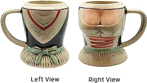 Front and back views of Traditional Dirndl Beer Mug with Raised Relief made with premium stoneware. Can pour 0.5 liters of beer and is 6-inches tall. Front and back views of Traditional Dirndl Beer Mug with Raised Relief made with premium stoneware. Can pour 0.5 liters of beer and is 6-inches tall.