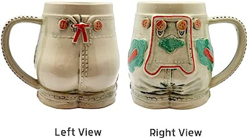 Front and back views of Traditional Lederhosen Stoneware Beer Mug with Raised Relief has the capacity to hold 0.5L of your favorite beverage and is 6-inches tall. Front and back views of Traditional Lederhosen Stoneware Beer Mug with Raised Relief has the capacity to hold 0.5L of your favorite beverage and is 6-inches tall.