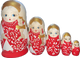 Handcrafted Matryoshka Stackable Nesting Dolls ON SALE! | FRONT: 5 red wood-burned stackable dolls with bright blue eyes, gold crown, and braided hair with a gold bow | Wood-Burned Red Matryoshka with Gold Accents, 6" LIND-07 | Lindenhaus Imports in Helen, Ga