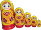 Handcrafted Matryoshka Stackable Nesting Dolls ON SALE! | FRONT: 5 yellow wooden dolls with bright blue eyes, blonde/brown hair, a red base, and hand-painted flowers | Seasons Collection | Autumn Matryoshka, 6" LIND-15 | Lindenhaus Imports in Helen, Ga