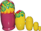 Handcrafted Matryoshka Stackable Nesting Dolls ON SALE! | BACK: 5 mini yellow and Burgundy stackable dolls with bright blue eyes, blonde hair, and hand-painted red flowers | Mini Yellow and Burgundy Matryoshka with Hand-Painted Flowers, 4.5" LIND-21 | Lindenhaus Imports in Helen, Ga