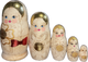 FRONT: 5 mini wood-burned stackable dolls with bright blue eyes, rosie cheeks, a gold crown, braided hair with a red, shiny bow, and wood-burned flowers with gold accents || 5-Piece Mini Wood-Burned Matryoshka with Braids and Red Bow, 4" Nesting Doll MS0502bw-04 / L-39
