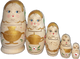 Handcrafted Matryoshka Stackable Nesting Dolls ON SALE! | FRONT: 5 mini wood-burned stackable dolls with bright blue eyes, rosie cheeks, a gold crown, gold accents, and red and yellow trimmings on the front and back | Mini Wood-Burned 'Samovar' Matryoshka, 5" LIND-40 | Lindenhaus Imports in Helen, Ga