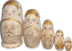 Handcrafted Matryoshka Stackable Nesting Dolls ON SALE! | FRONT: 5 mini wood-burned stackable dolls with bright blue eyes, rosie cheeks, a gold crown, and the city of Prague wood-burned on the front with flowers and gold accents | Mini Wood-Burned 'City of Prague' Matryoshka, 4.5" LIND-41 | Lindenhaus Imports in Helen, Ga