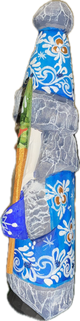 Authentic Handcrafted Christmas Santas ON SALE! | FRONT features finely detailed white & gold artwork on coat, hat, and staff | 2-Piece Handcarved Wooden Santa with Blue Coat and Red Toy Bag, 4" RSLI-11 | Lindenhaus Imports in Helen, Ga