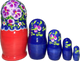 Handcrafted Matryoshka Stackable Nesting Dolls ON SALE! | BACK: 5 blue & red handcarved wooden dolls with hand-painted purple violet flowers | Blue and Red Matryoshka with Hand-Painted Purple Violets, 6" LIND-51 | Lindenhaus Imports in Helen, Ga