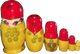 Handcrafted Matryoshka Stackable Nesting Dolls ON SALE! | BACK: 6 red and yellow, stackable wooden dolls with bright blue eyes, black hair, and hand-painted flowers | Classic Matryoshka with Hand-Painted Flowers, 6" LIND-67 | Lindenhaus Imports in Helen, Ga