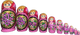 Handcrafted Matryoshka Stackable Nesting Dolls ON SALE! | FRONT: 10 stackable pink wooden dolls with a gold outline medallion surrounding hand-painted flowers | Pink Matryoshka with Hand-Painted Flowers and Gold Medallion, 10" LIND-72 | Lindenhaus Imports in Helen, Ga