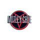 Black enamel pin with pentagram outlined in red. The band's name, Mötley Crüe, is overlapping the symbol in white letters.