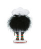 Back view features a pepperoni pizza, a wooden pizza peel, and is wearing a large white chef's hat.
