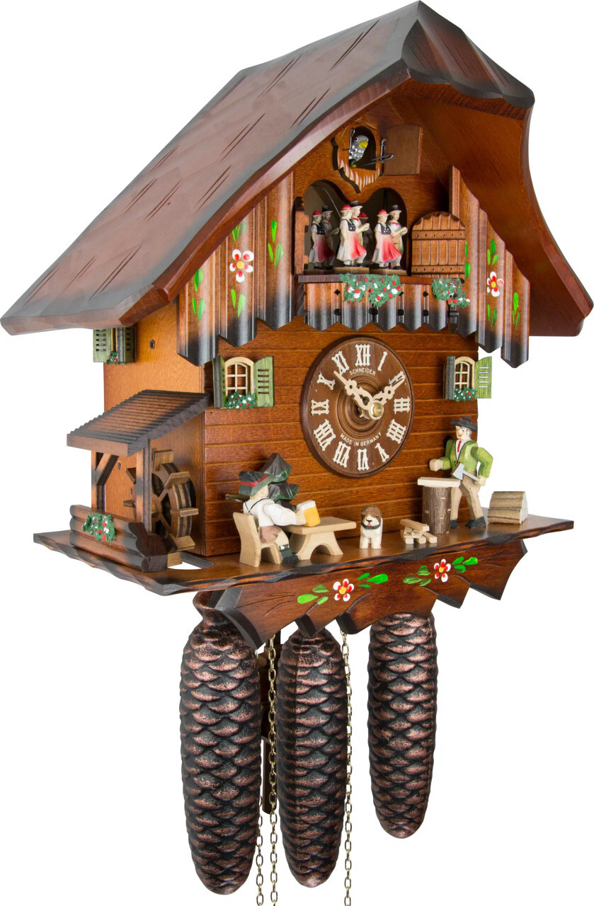 Schneider Woodchopper and Beer Drinker Musical 8-Day Chalet German Cuckoo Clock 8TMT 5407/10