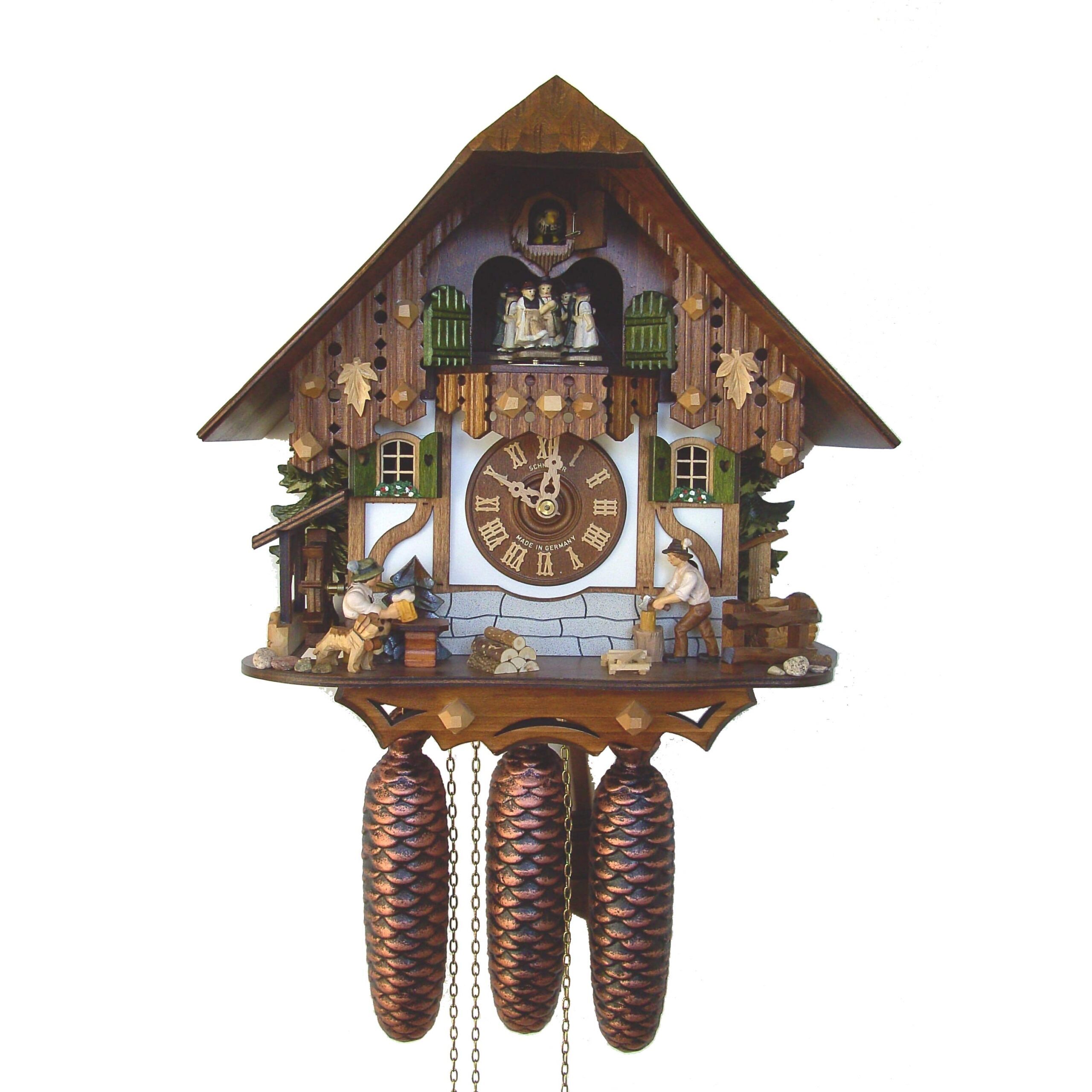 Schneider Dual Woodchopper + Beer Drinker Musical 8-Day White Chalet Cuckoo Clock 8TMT 6407/10