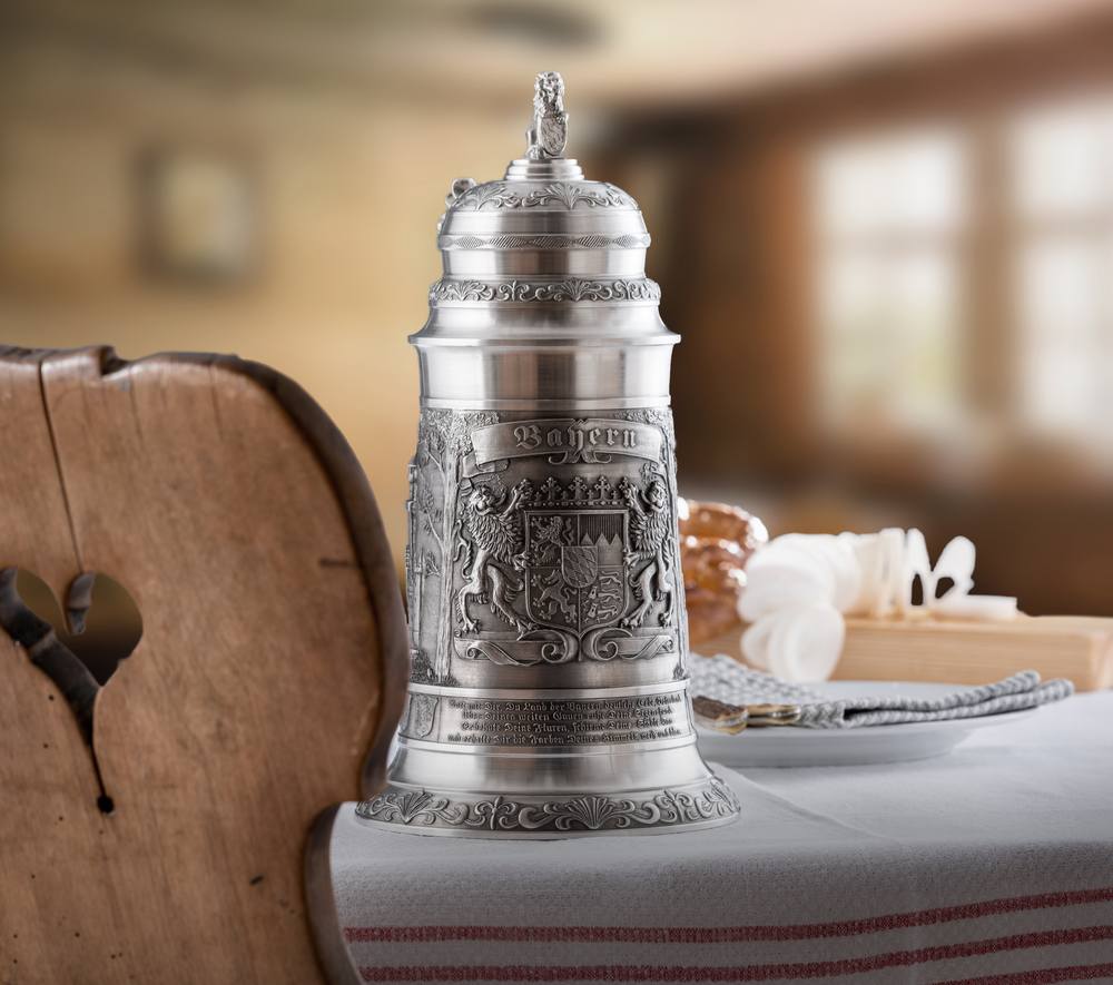 Bavarian Crest Pewter Stein with 3D Lion, 1.75L | Lindenhaus