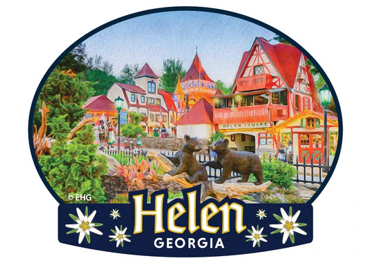 Town of Helen, Ga with Bears Oval Ceramic Magnet | Lindenhaus Imports