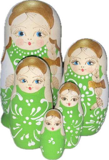 5-Piece Wood-Burned Green Matryoshka with Gold Accents, 6