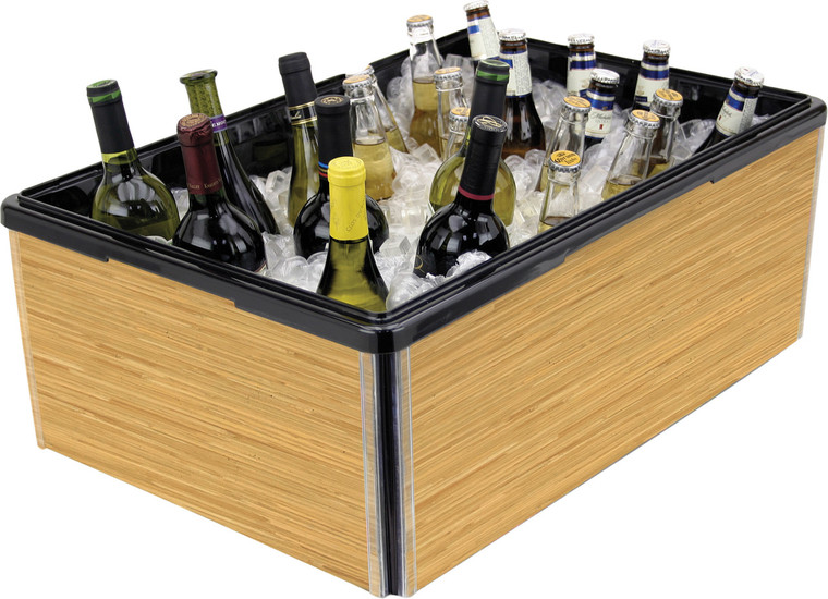 Buffet Enhancements Jumbo Folding Beverage Display, Bamboo Frame, with Black Bin