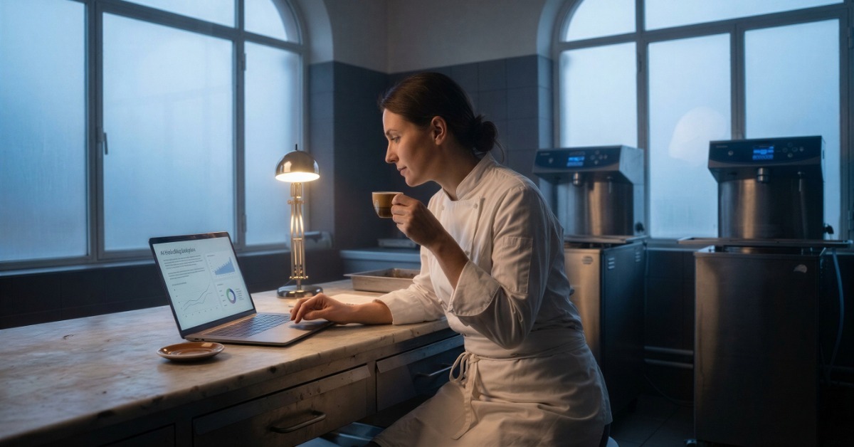 A restaurant owner reviews information on a laptop while holding a cup beside kitchen equipment in a quiet kitchen.