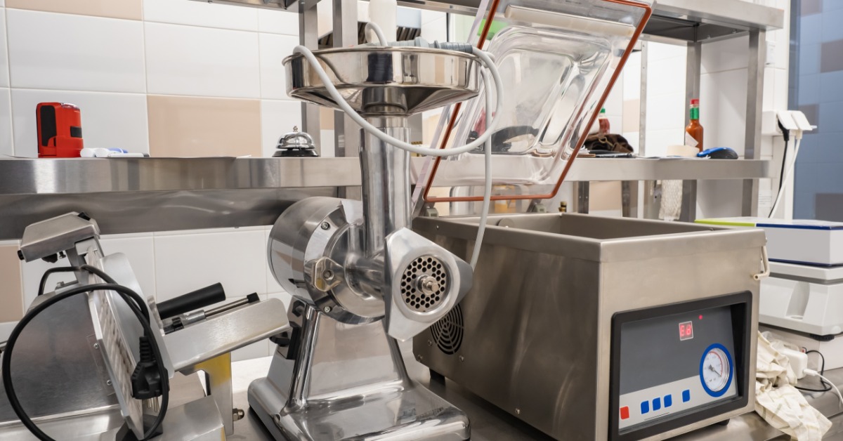 Best Practices for Portion Control in Restaurant Operations A stainless steel commercial meat grinder and vacuum sealing machine sit on a prep counter inside a clean restaurant kitchen.