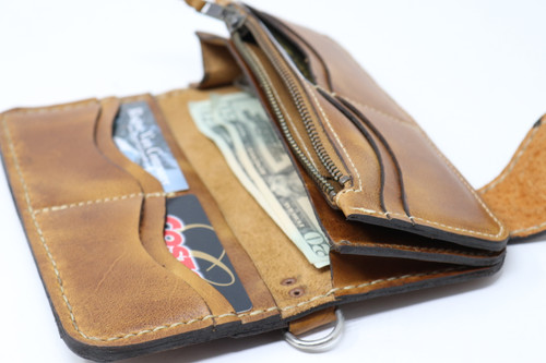 Brown hand & machine stitched leather Long Bill Wallet open view with contents