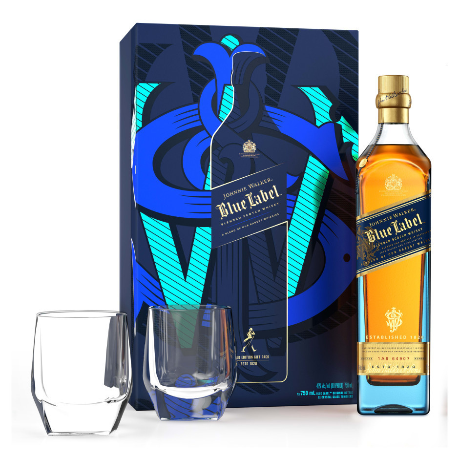 Johnnie Walker Blue Label Scotch with Glasses