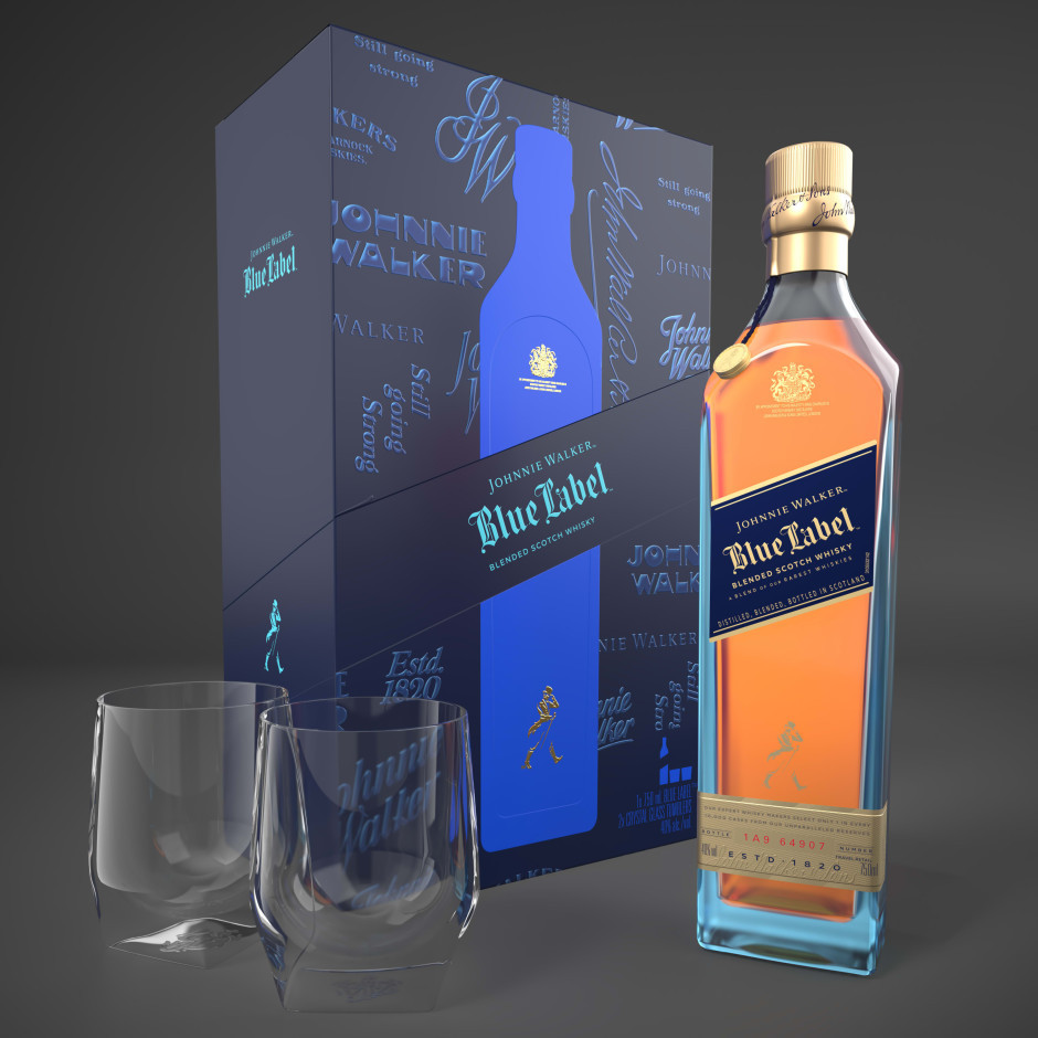 Johnnie Walker Blue Label Scotch with Glasses