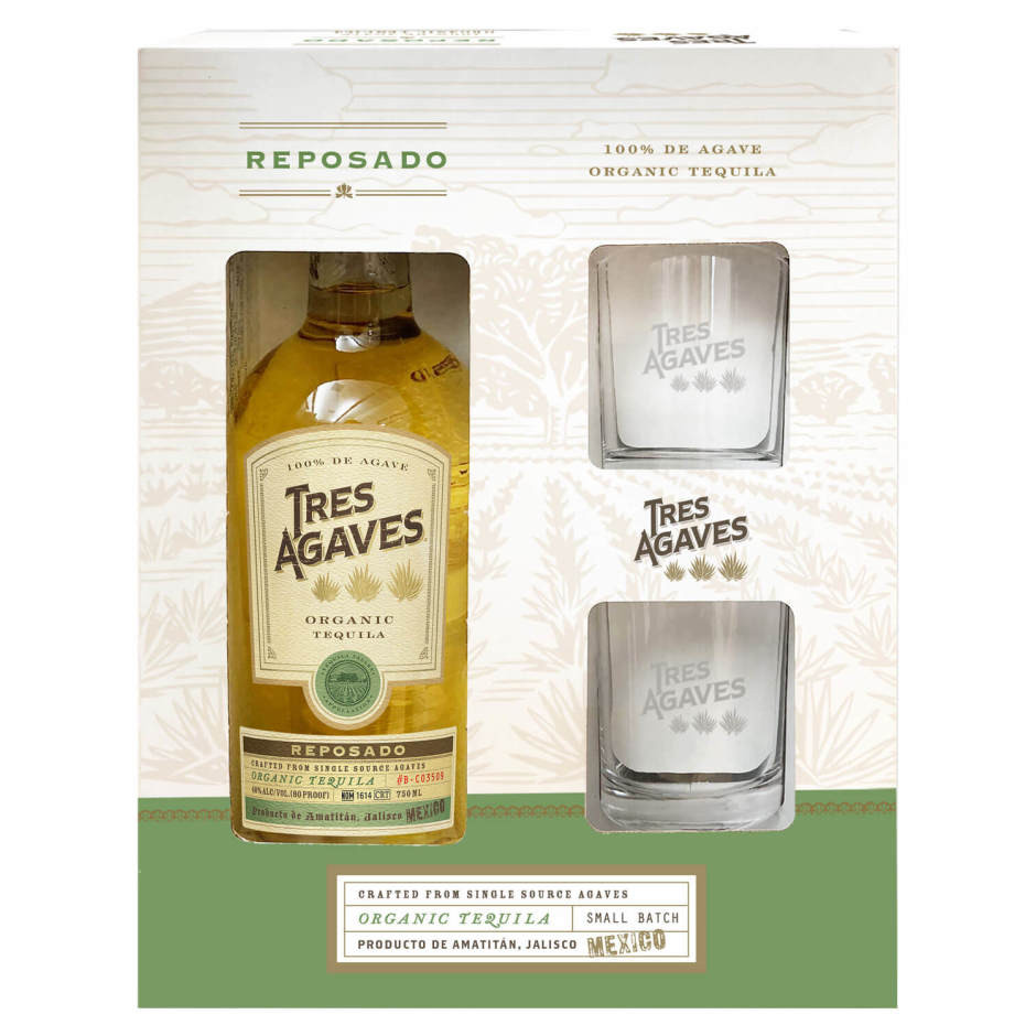 Tres Agaves Tequila Reposado Tequila with Glasses