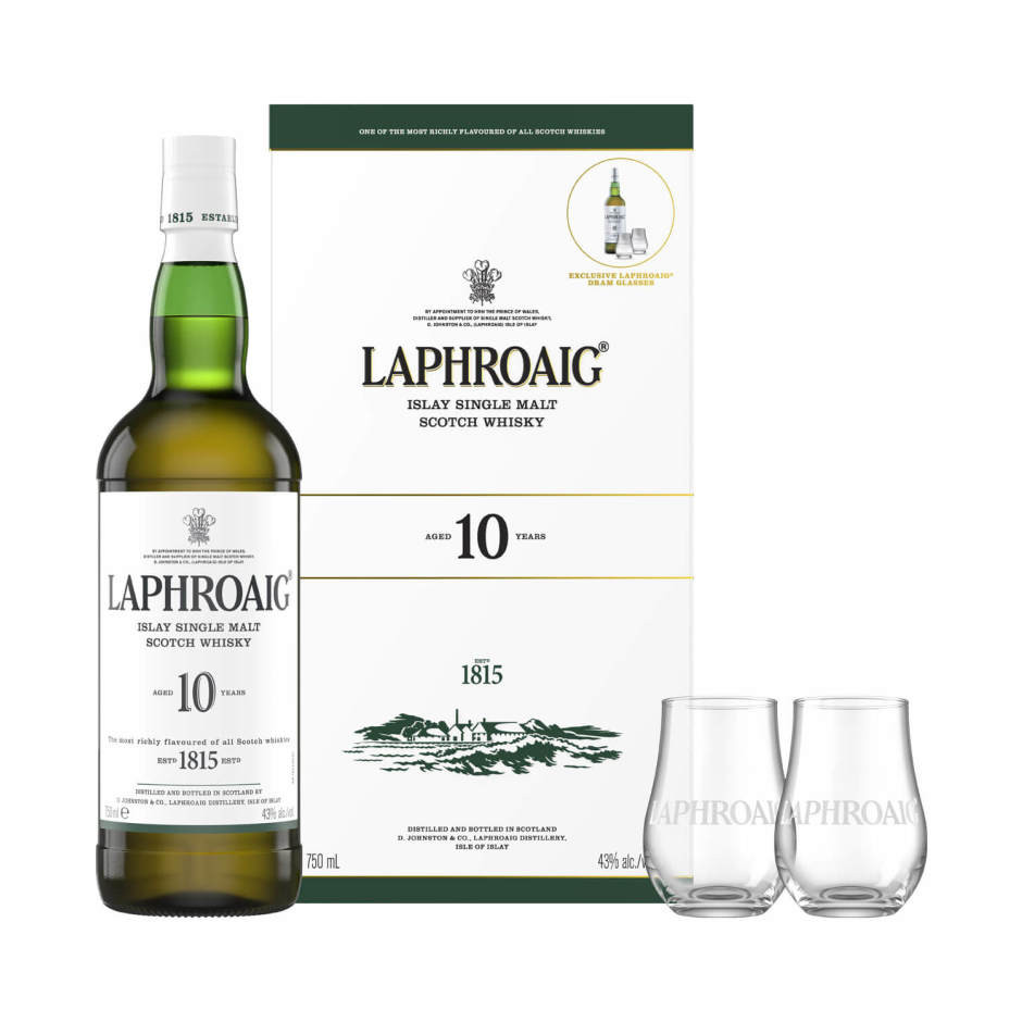 Laphroaig 10 Year Scotch with Glasses