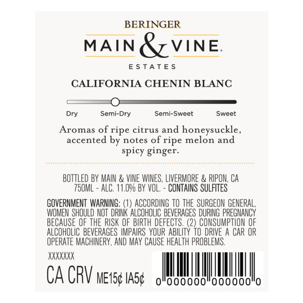 Beringer Main And Vine Chenin Blanc - 750 mL - 750ML - Glass