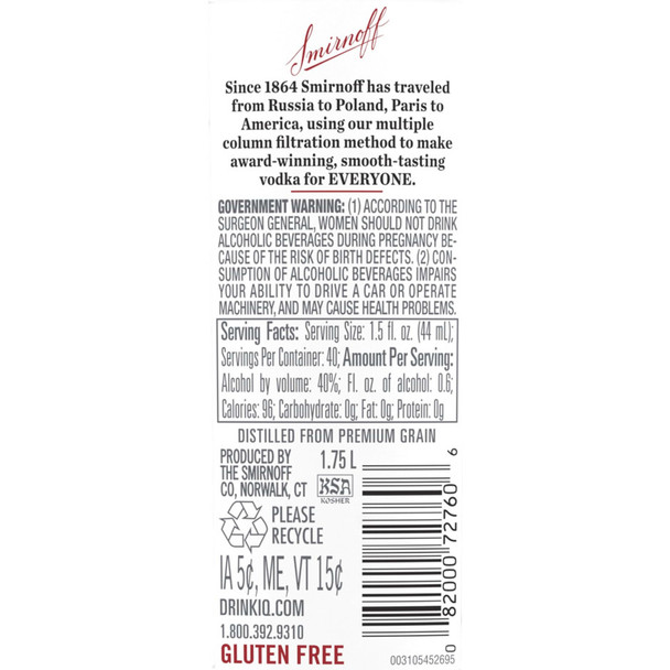 Smirnoff Vodka - 1.75 L - 1.75L - Glass