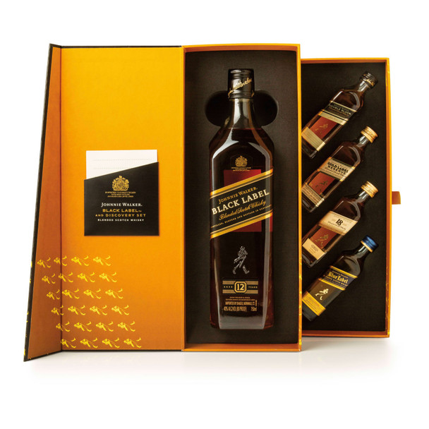 Johnnie Walker Black Label with Four 50mls Green Label, Gold Label