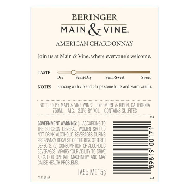 Beringer Main And Vine Chardonnay - 750 mL - 750ML - Glass