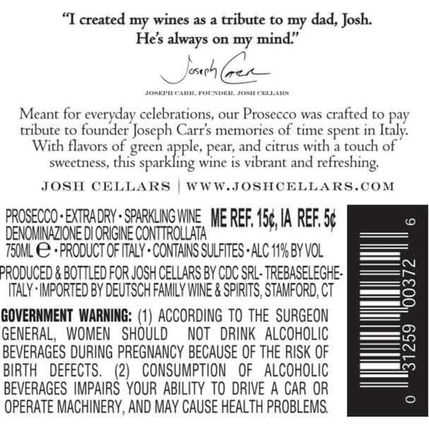 Josh Cellars Prosecco DOC - 750 mL - 750ML - Glass