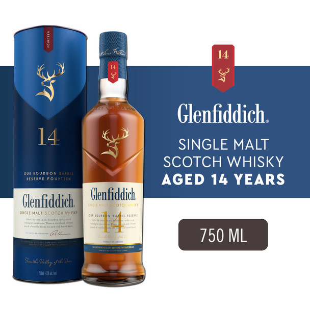 Glenfiddich 14 Year Old Bourbon Barrel Reserve Single Malt Scotch Whisky - 750 mL - 750ML - Glass