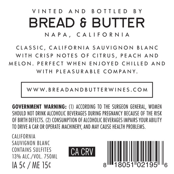 Bread & Butter Sauvignon Blanc - 750 mL - 750ML - Glass