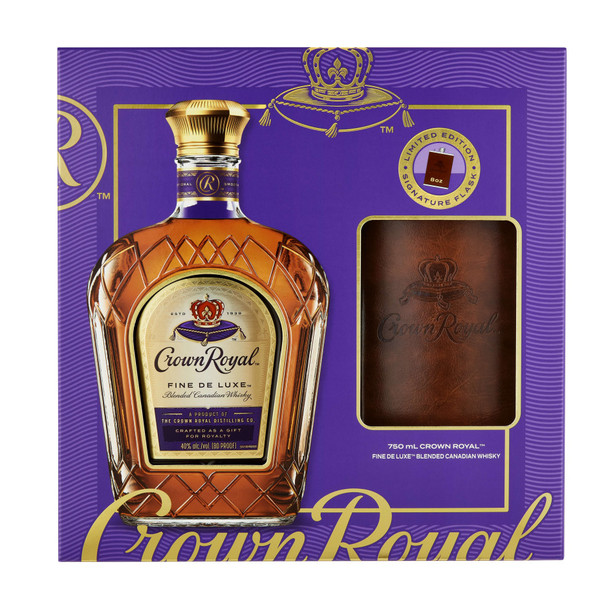 Crown Royal Deluxe Canadian Whisky with Flask - 750 mL - Set - Glass