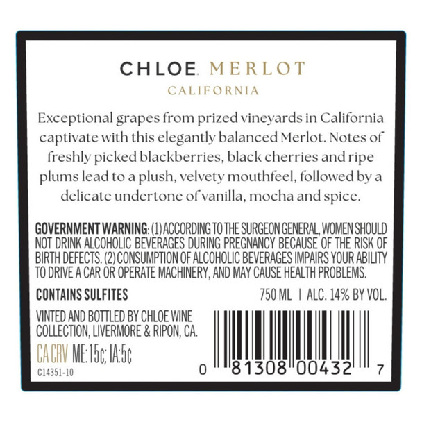 Chloe San Lucas Merlot - 750 mL - 750ML - Glass