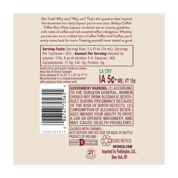 Baileys Coffee Toffee Non Dairy Made With Oat Milk Cream Liqueur - 750 mL - 750ML - Glass