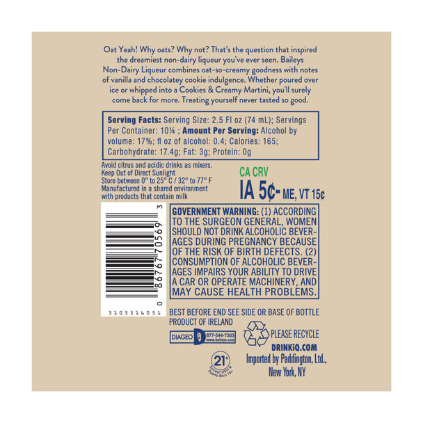 Bailey's Cookies and Cream Non Dairy Made With Oat Milk Cream Liqueur - 750 mL - 750ML - Glass