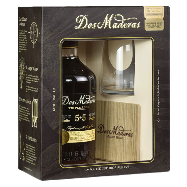 Dos Maderas 5+5 Triple Aged Rum with Glass & Coaster - 750 mL - Set - Glass