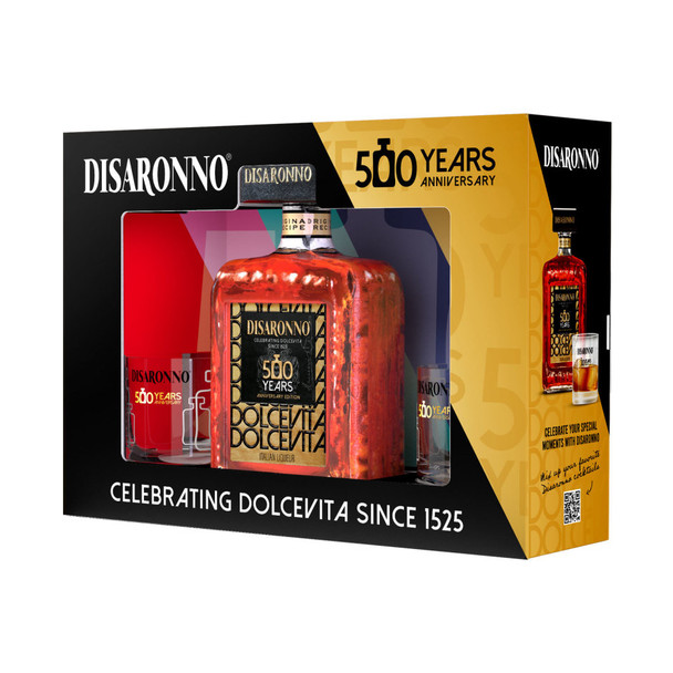 Disaronno Amaretto 500 Year Anniversary Limited Edition with Glasses - 750 mL - Set - Glass