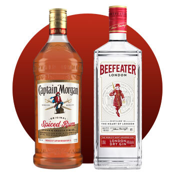 Image of Captain Morgan SPiced Rum and Beefeater Gin bottles.