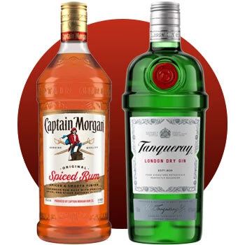 Image of Captain Morgan Spiced Rum and Tanqueray Gin bottles.