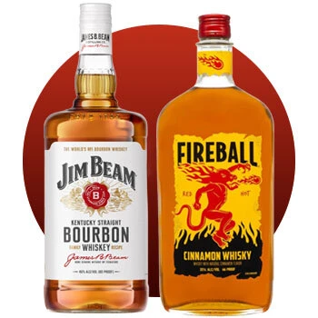 Image of Jim Beam Bourbon and Fireball Cinnamon Whisky bottles.