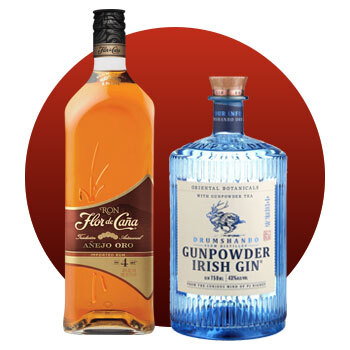 Image of Flo de Cana Rum and Gunpowder Irish Gin bottles.