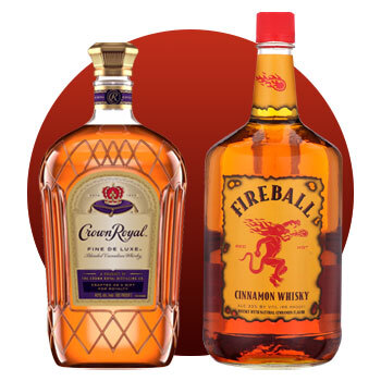 Image of Crown Royal and Fireball 1.75L bottles.