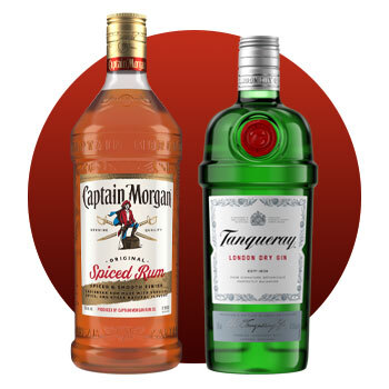 Image of Captain Morgan Spiced Rum and Tanqueray Gin bottles.