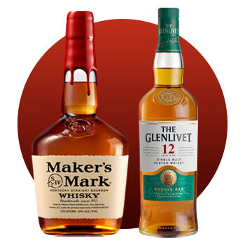 Image of Maker's Mark Whisky and The Glenlivet 12 year sctoch bottles.