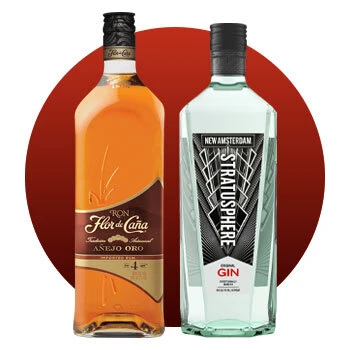 Image of Flor de Cana and New Amsterdam Gin bottles.