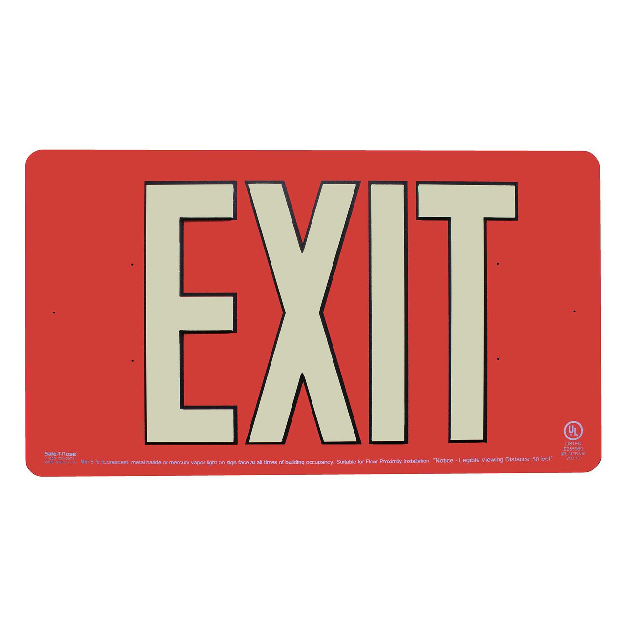 Glow-in-the-Dark Photoluminescent Exit Sign, 50' Visible Single Sided